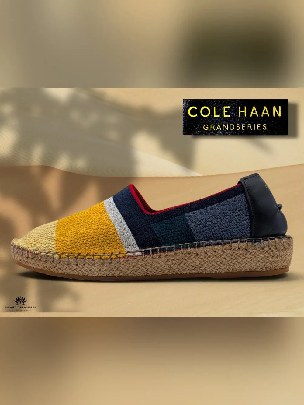 Cole Haan Sz 9B Women's Cloudfeel Stitchlite Espadrille Lemon Ice Navy Teal Knit